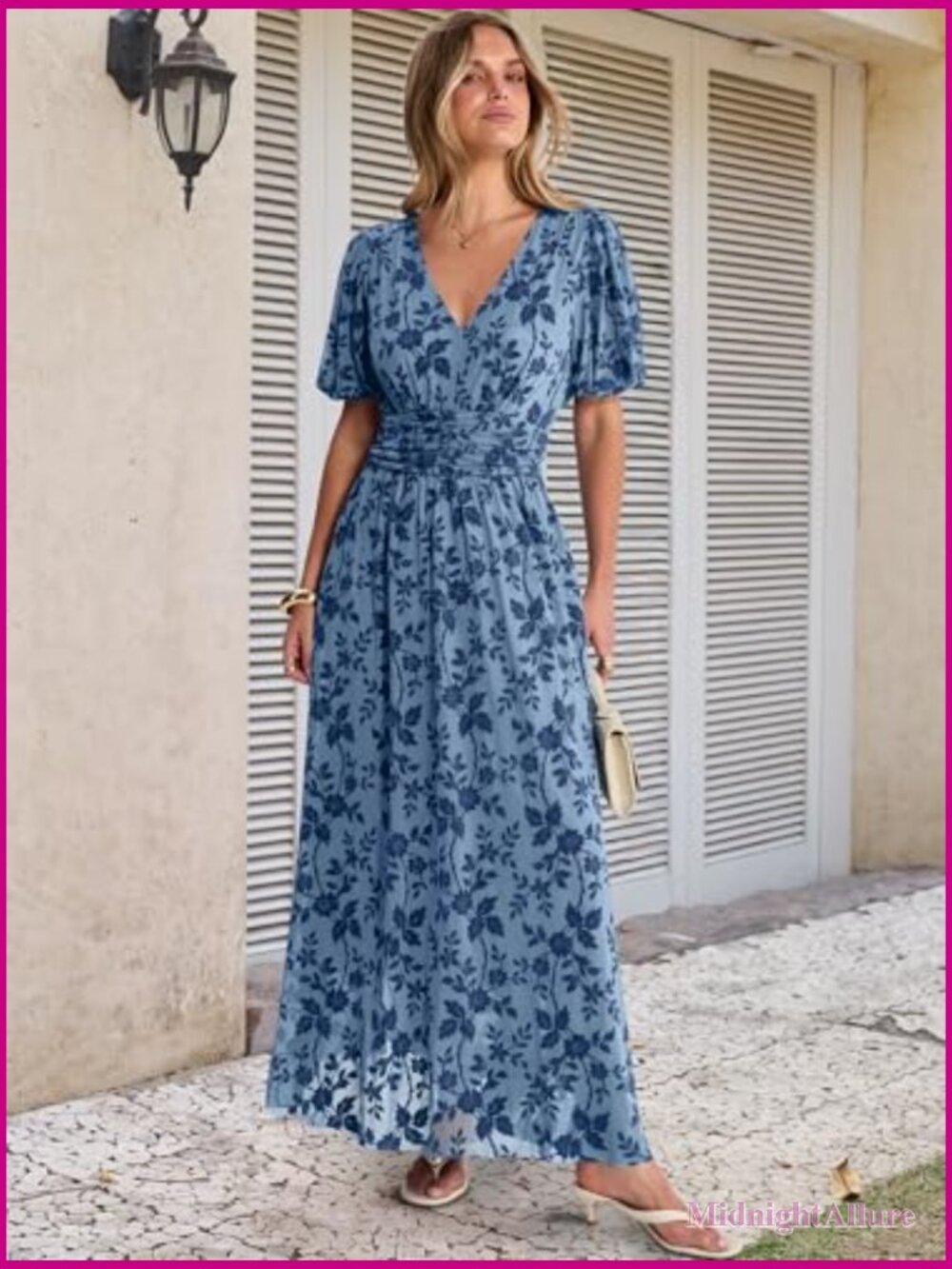 Women Floral Maxi Formal Dress Mesh Short Sleeve V Neck Empire Waist - Picture 6 of 7